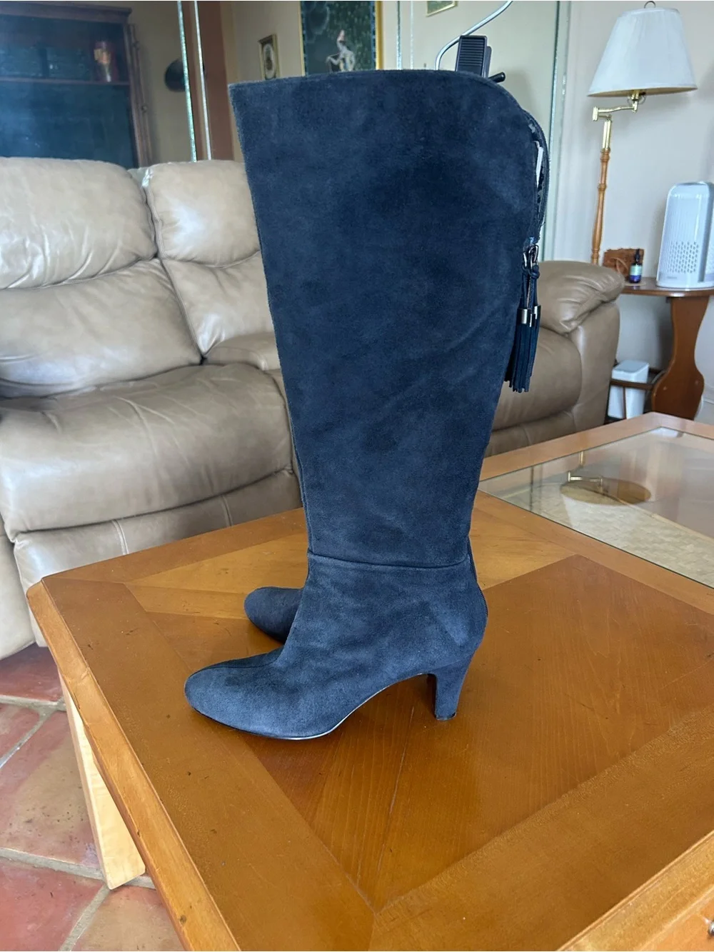 Bandolino Navy Suede Knee-High Boots With Back Fringe Tassels 8M
